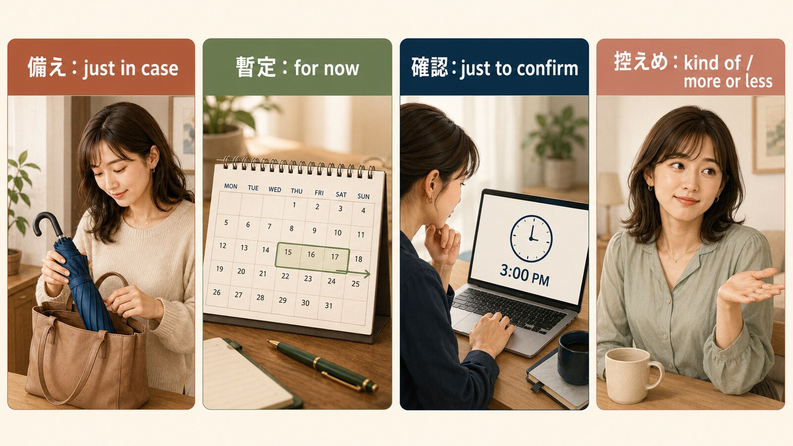 「一応」を表すjust in case・for now・just to confirm・kind ofの違い