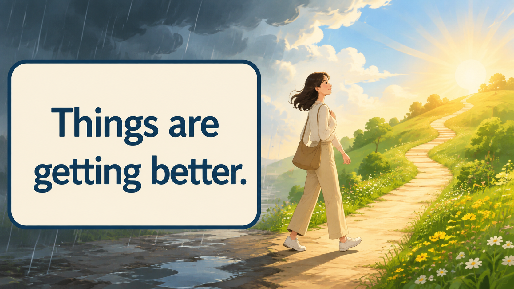 一陽来復を簡単な英語 Things are getting better. で表すイラスト