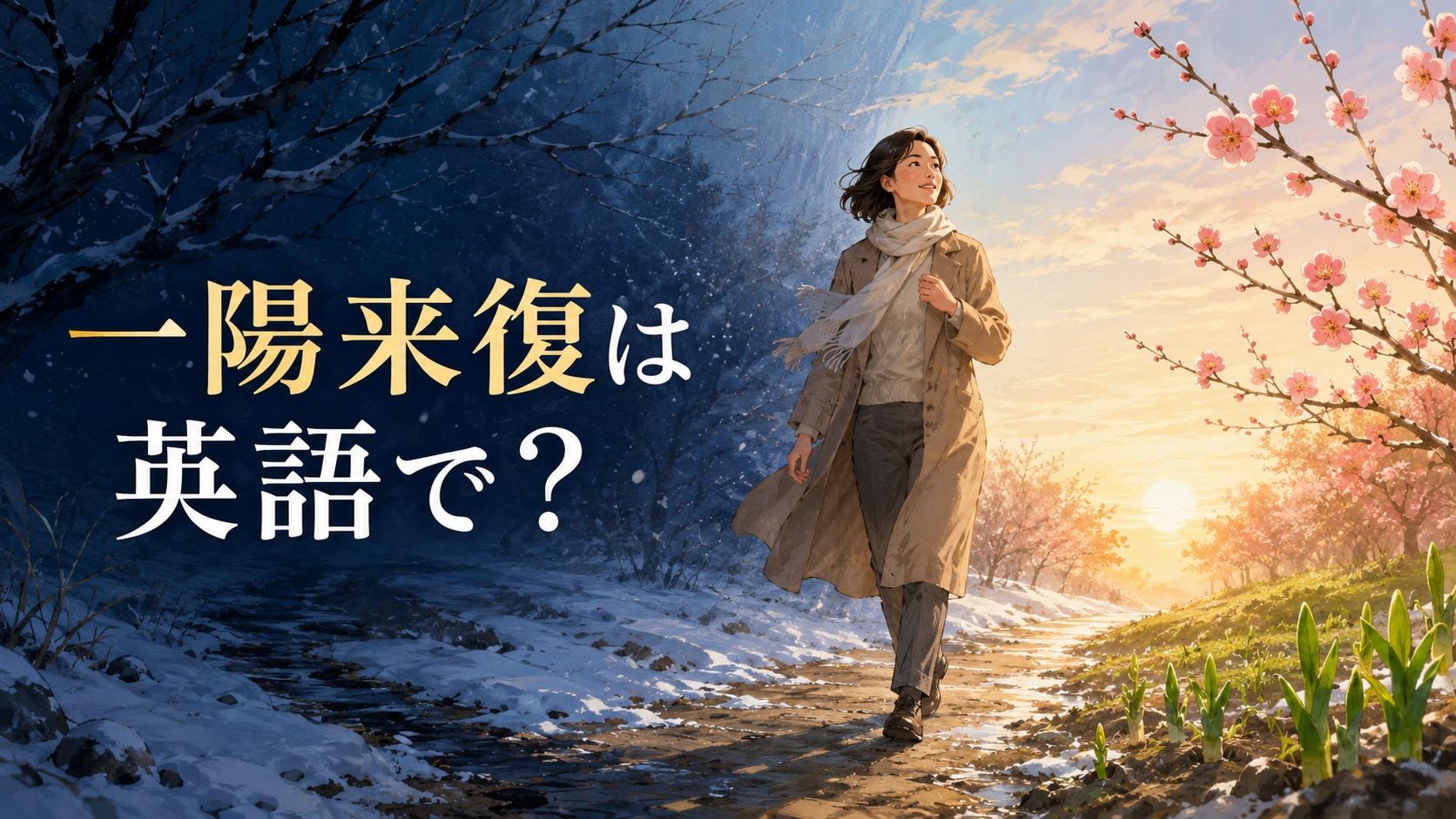 一陽来復を表す、厳しい冬から明るい春へ歩く女性のイラスト