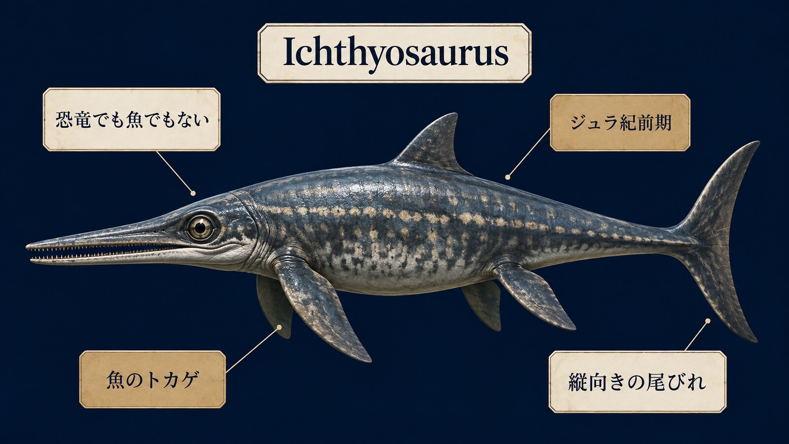 イクチオサウルスは恐竜でも魚でもないジュラ紀前期の海生爬虫類で、縦向きの尾びれを持ち、名前は魚のトカゲを意味することを示す図