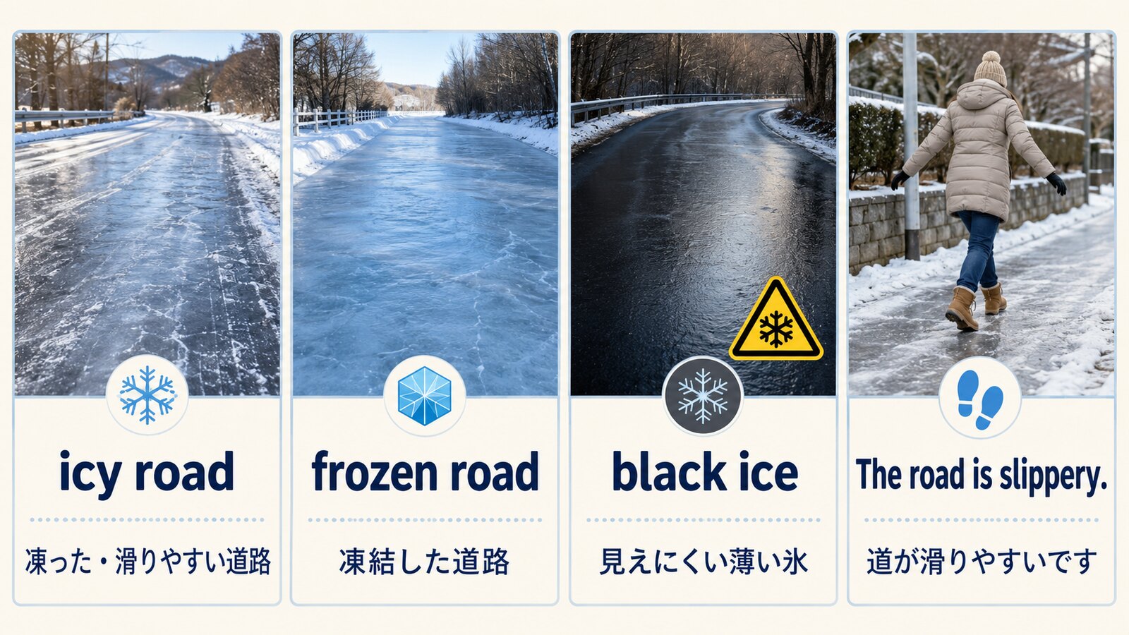 icy road・frozen road・black ice・The road is slipperyを比較した図