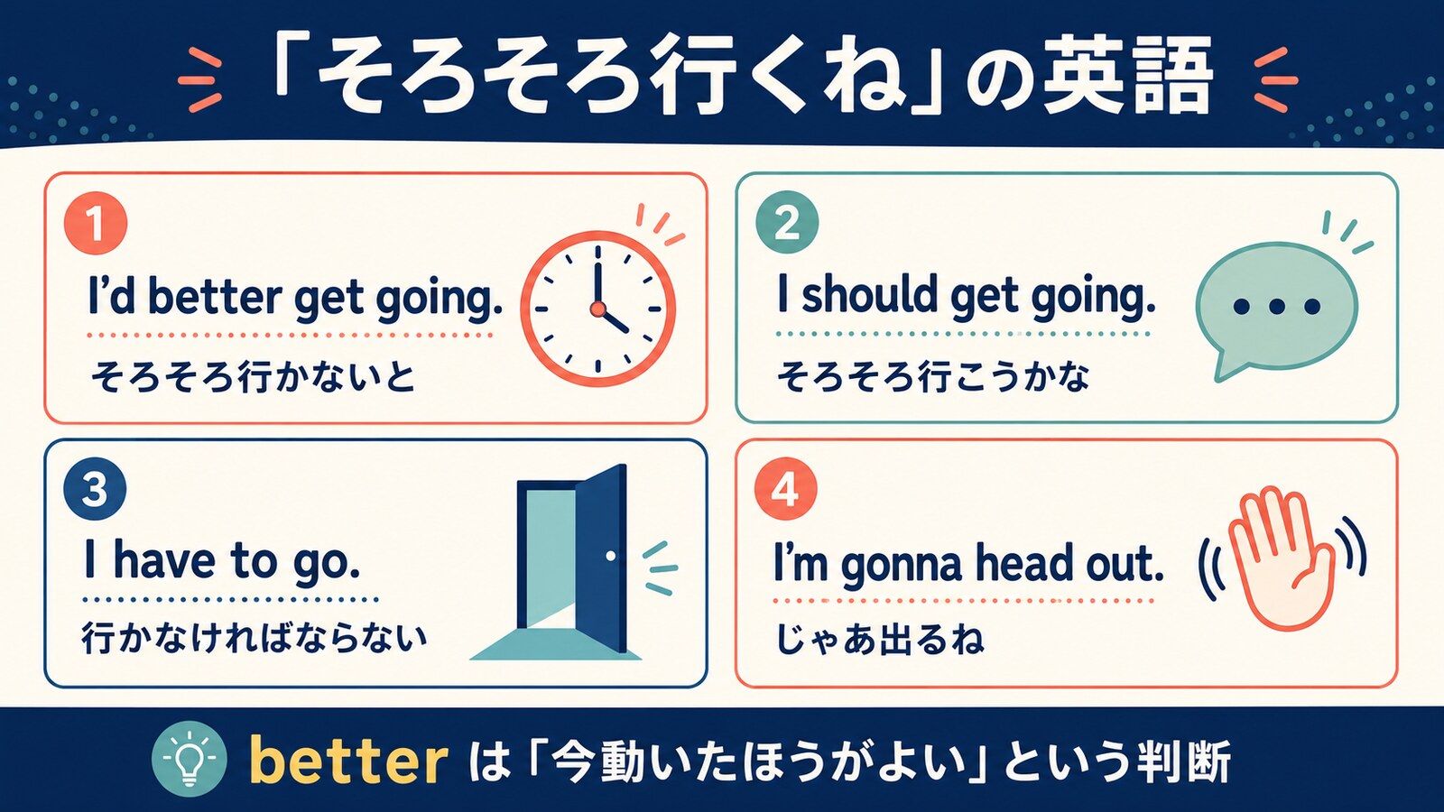 I’d better get going、I should get going、I have to go、I’m gonna head out の違い