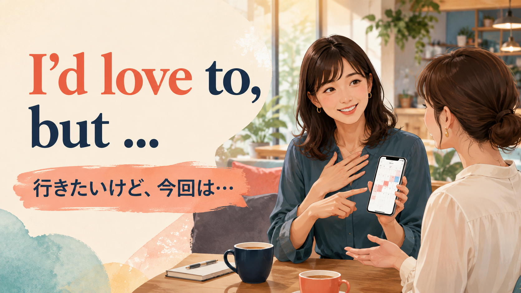 I’d love to butで行きたい気持ちを示しながら誘いをやわらかく断る会話イラスト