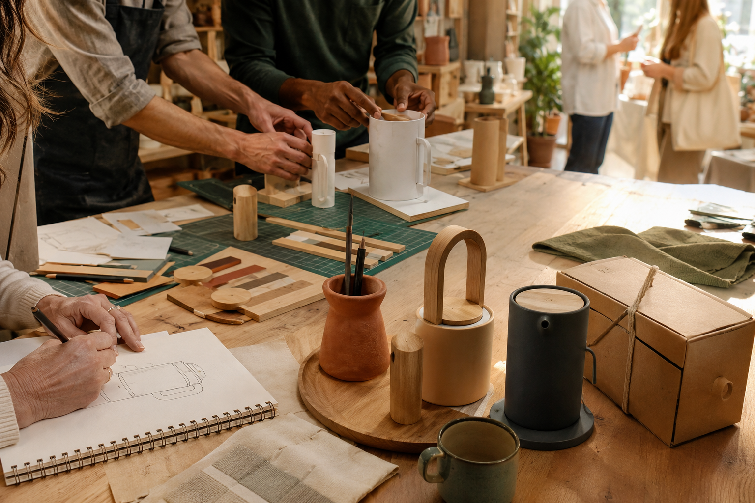 アイデアのスケッチから試作品と製品へ進む架空のチームの作業風景