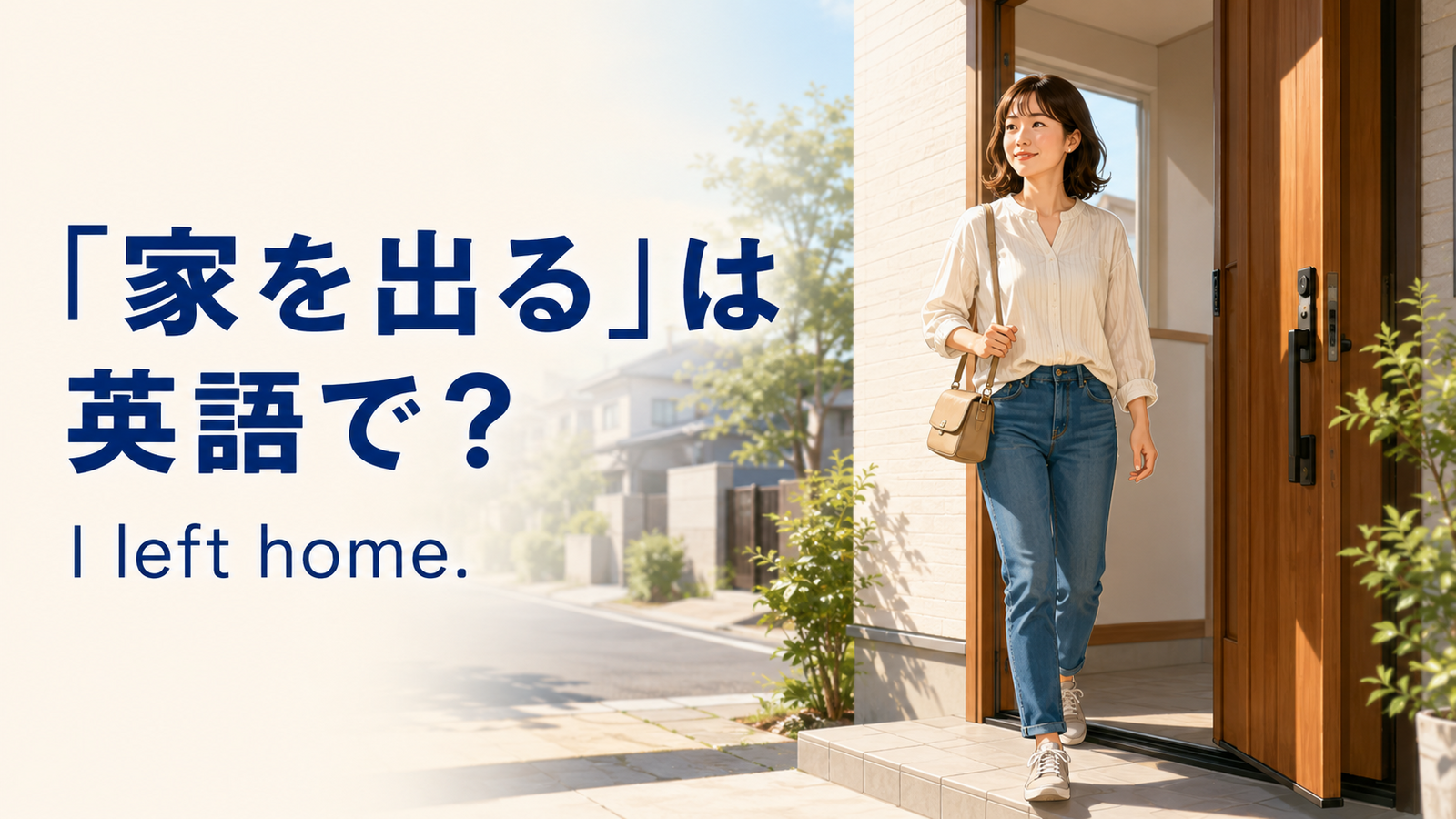朝に玄関から外へ出る女性と「I left home.」の英語表現