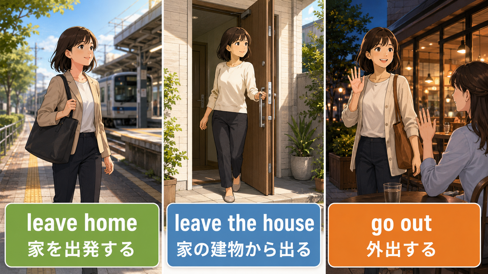 leave homeは家を出発する、leave the houseは家の建物から出る、go outは外出するという違いを示すイラスト