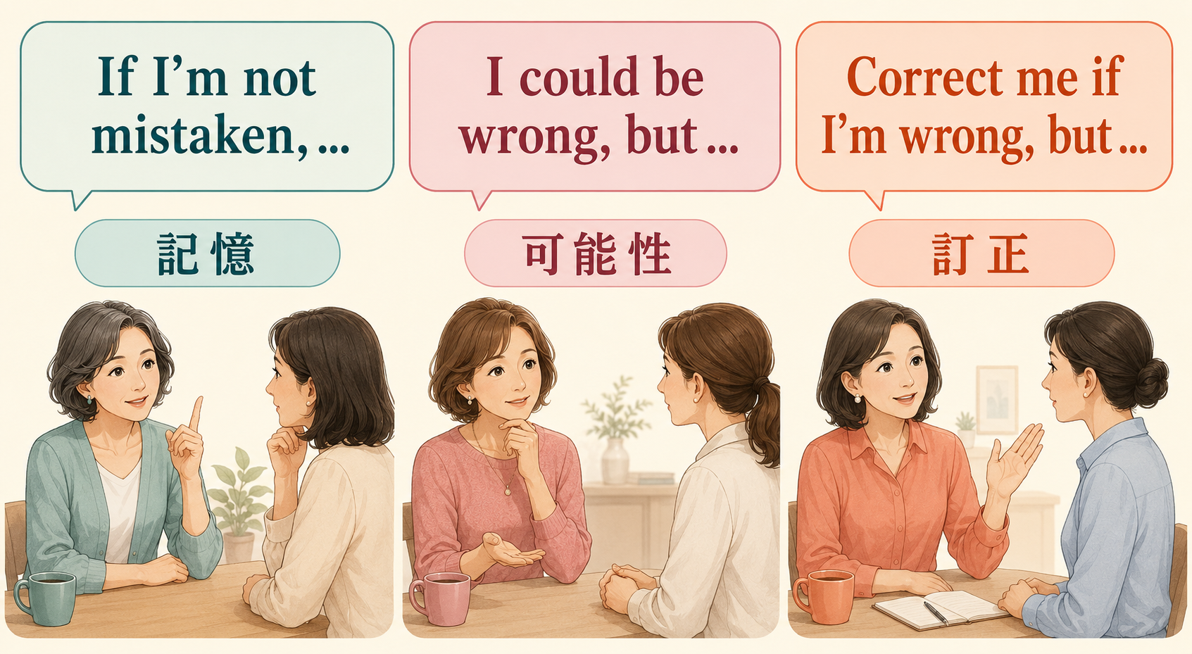If I’m not mistaken・I could be wrong・Correct me if I’m wrongの違いを記憶・可能性・訂正で比較