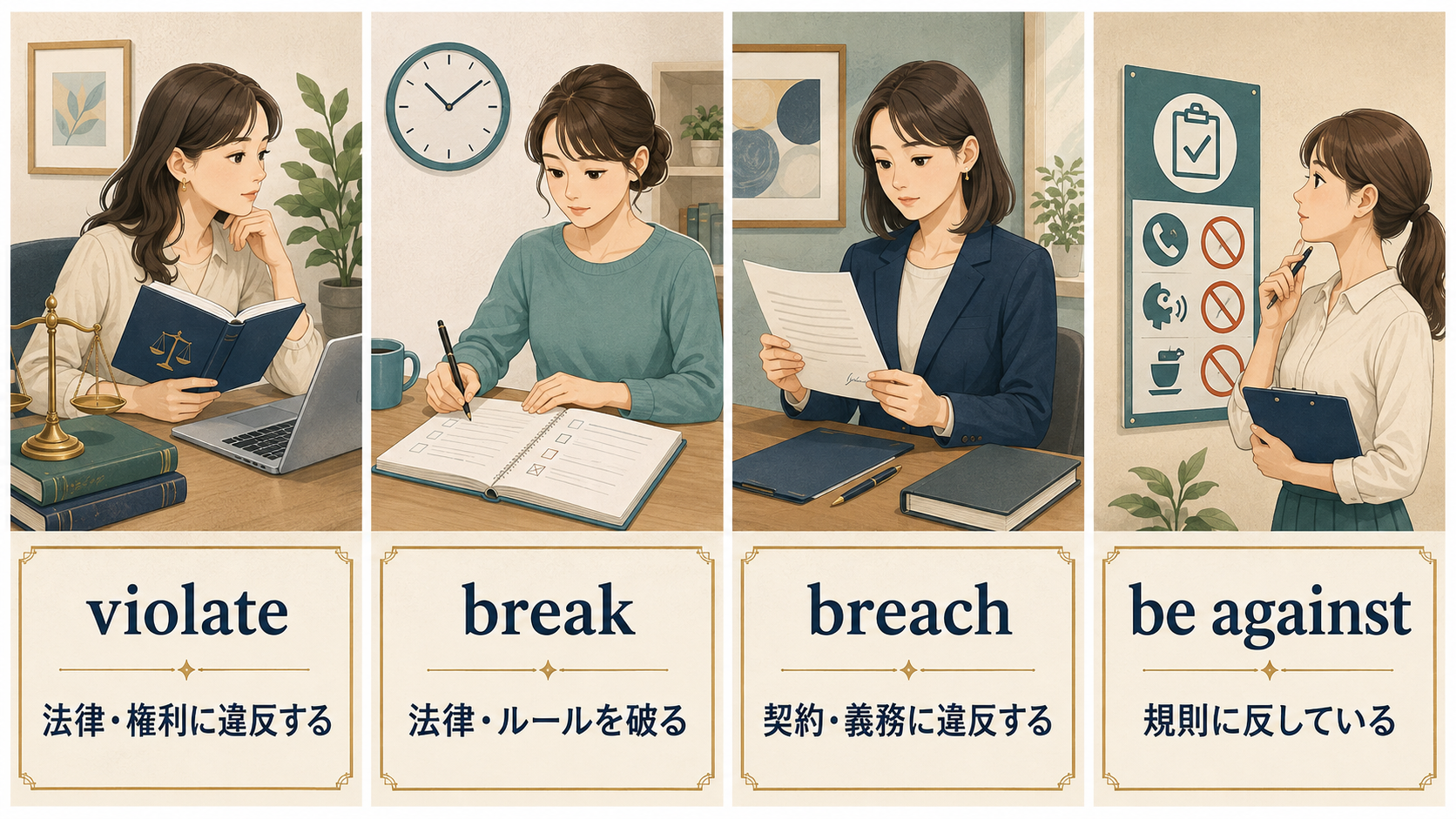 violate、break、breach、be againstの使い分け比較