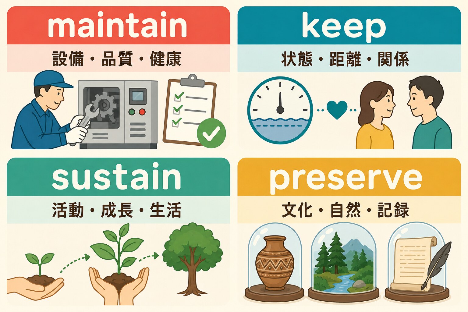 maintain・keep・sustain・preserveの使い分け比較