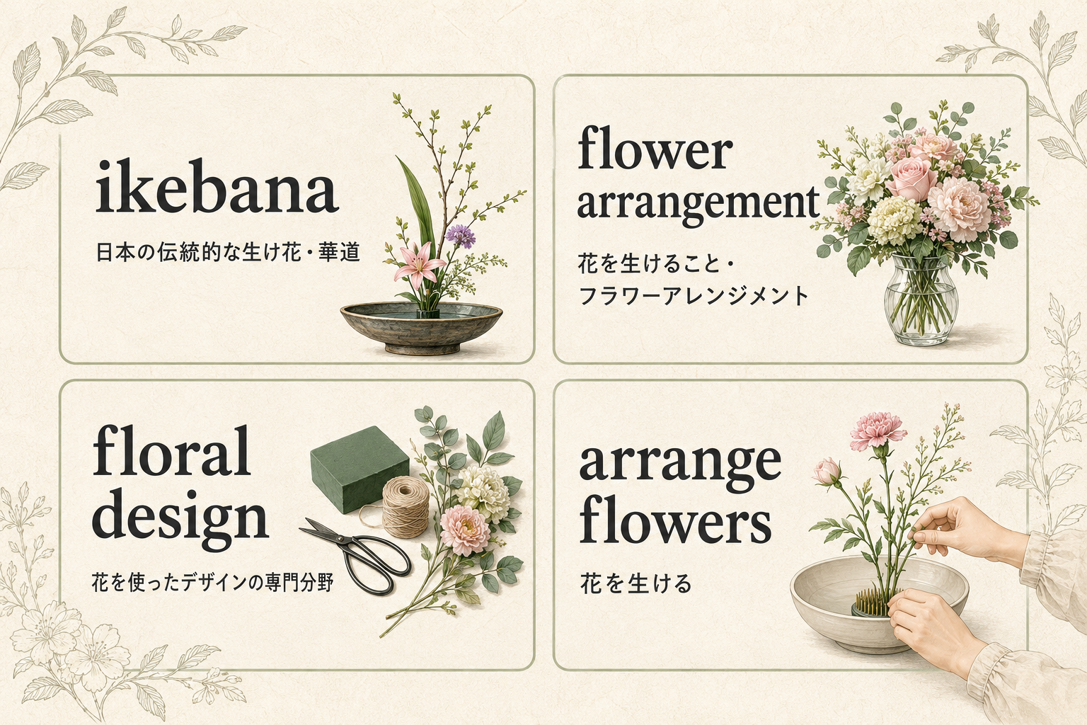 ikebana・flower arrangement・floral design・arrange flowersの違い