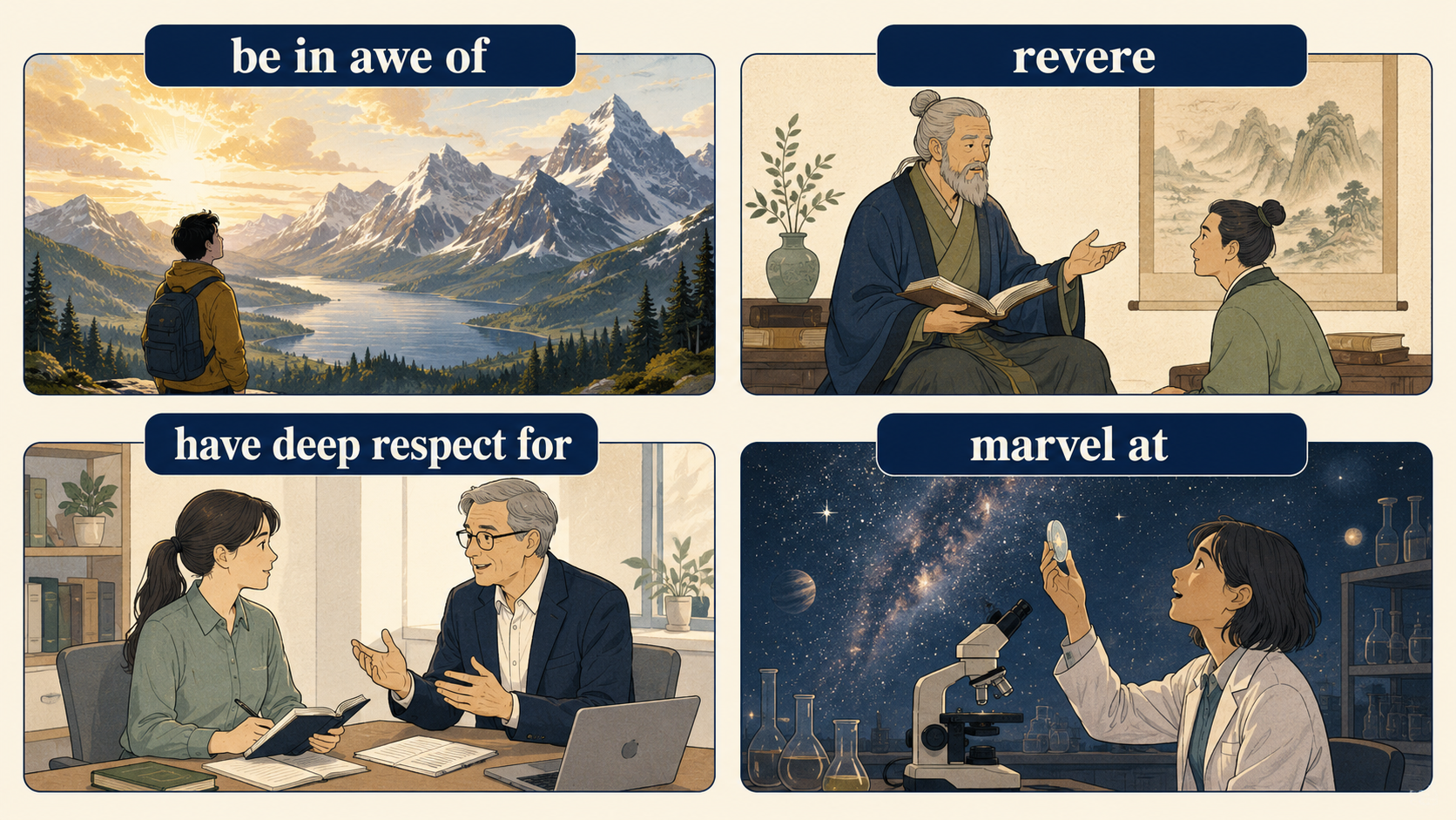 be in awe of・revere・have deep respect for・marvel atの違いを示すイラスト