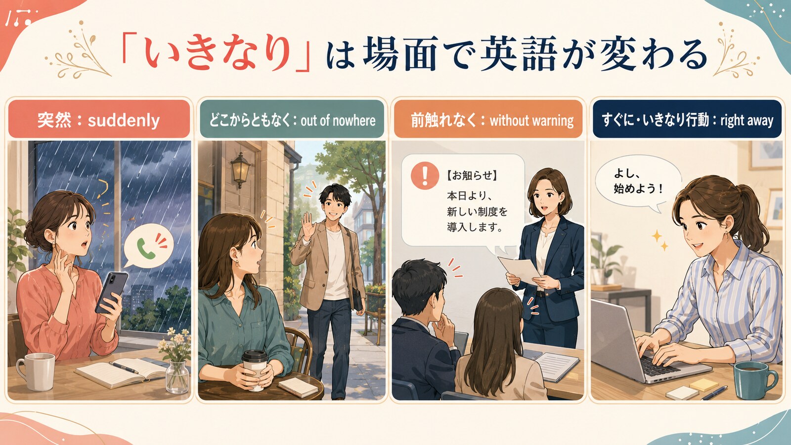 いきなりを表すsuddenly、out of nowhere、without warning、right awayの使い分け比較