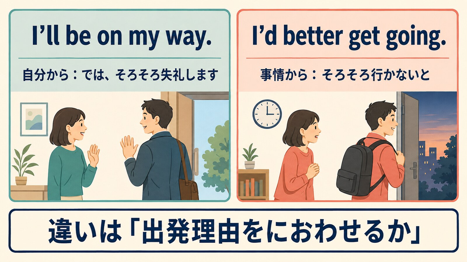 I’ll be on my way.とI’d better get going.のニュアンス比較