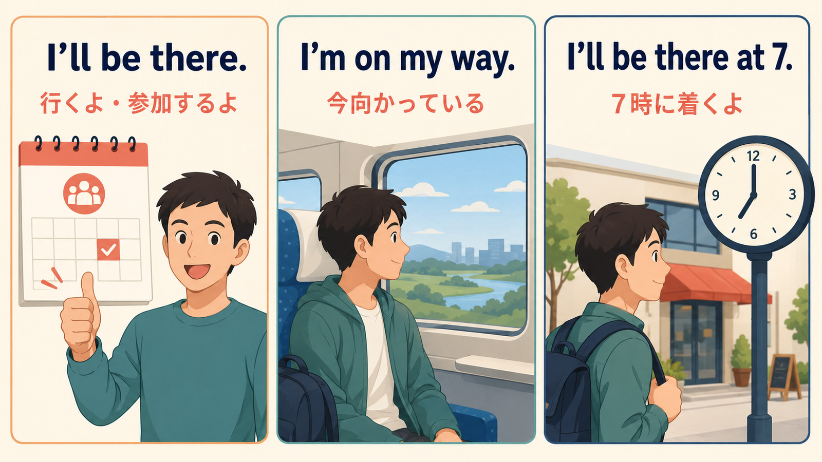 I’ll be there・I’m on my way・I’ll be there at 7の意味と時間軸の違い