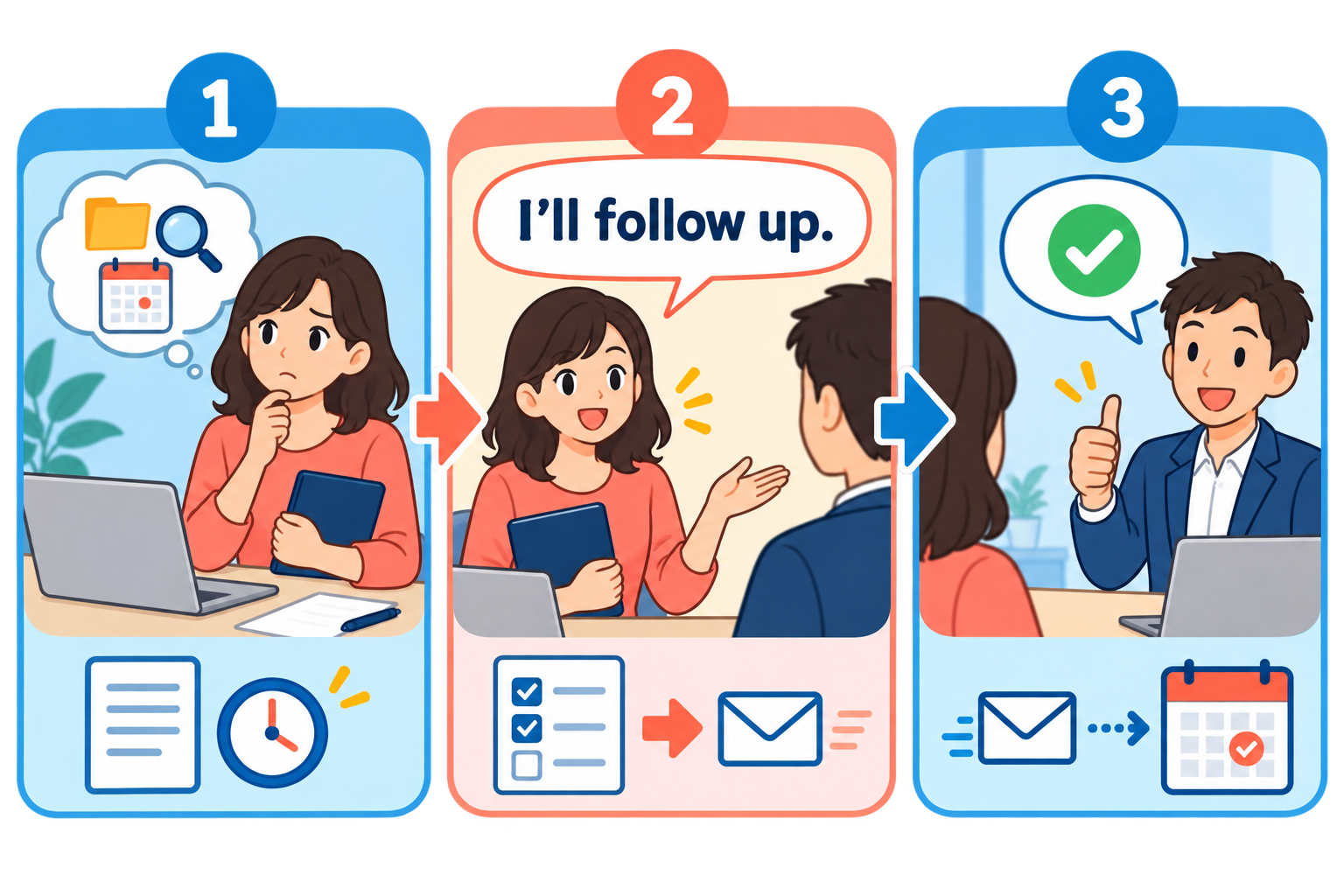 I'll follow up. の使い方を3段階で示す英語学習イラスト