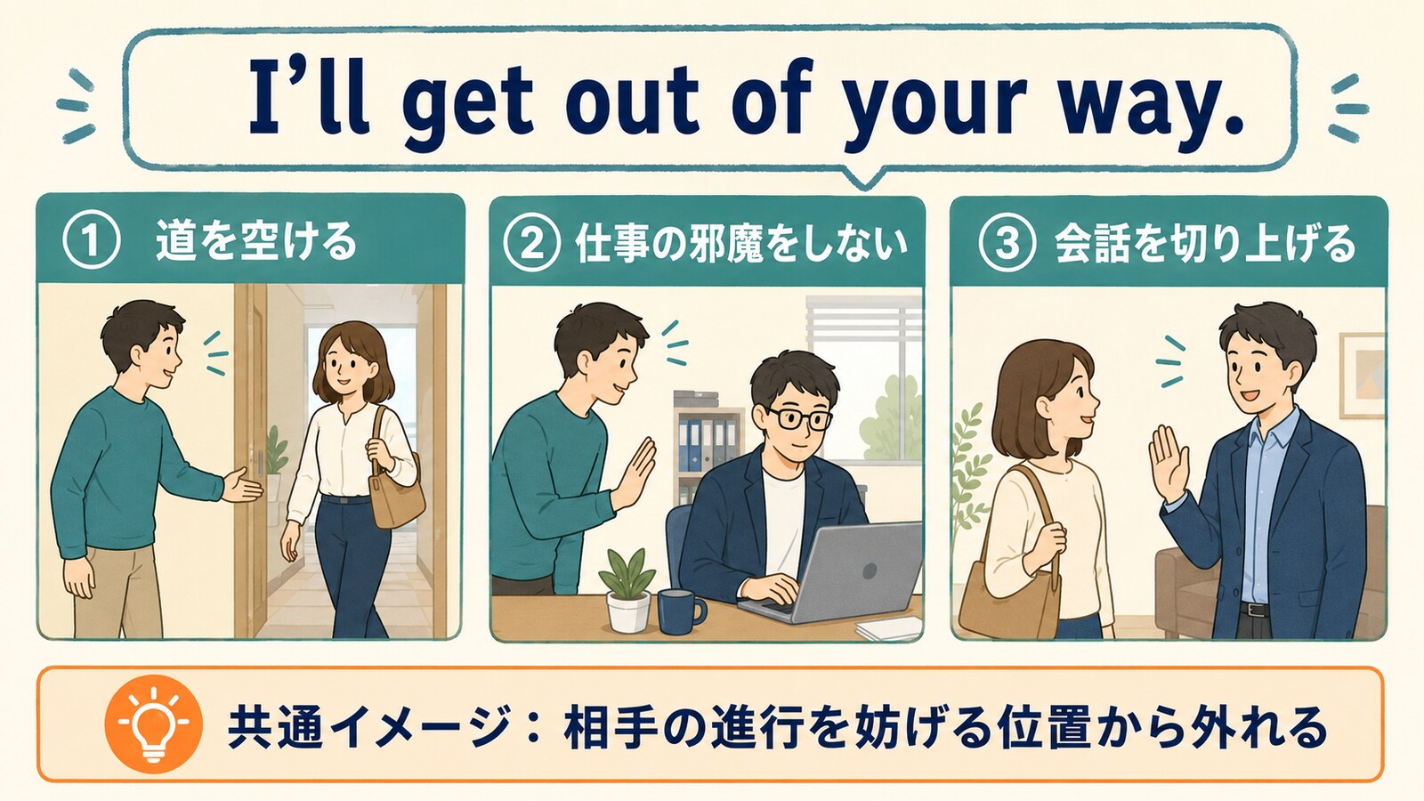 I’ll get out of your way. の道を空ける・仕事の邪魔をしない・会話を切り上げる用法