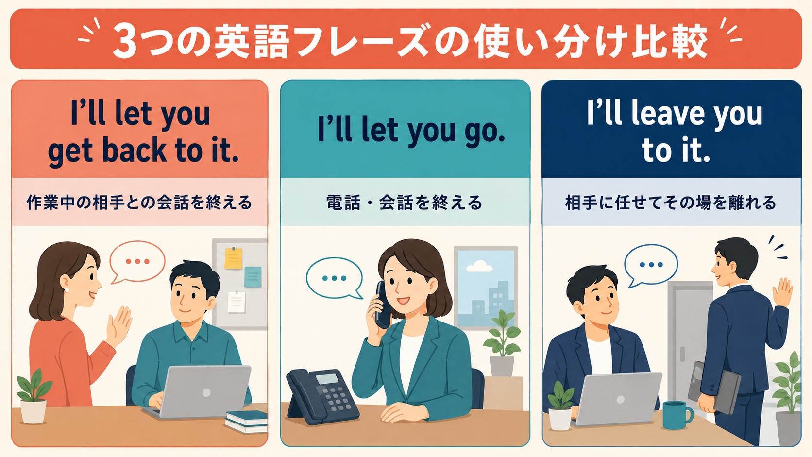 I’ll let you get back to it・I’ll let you go・I’ll leave you to itの違い