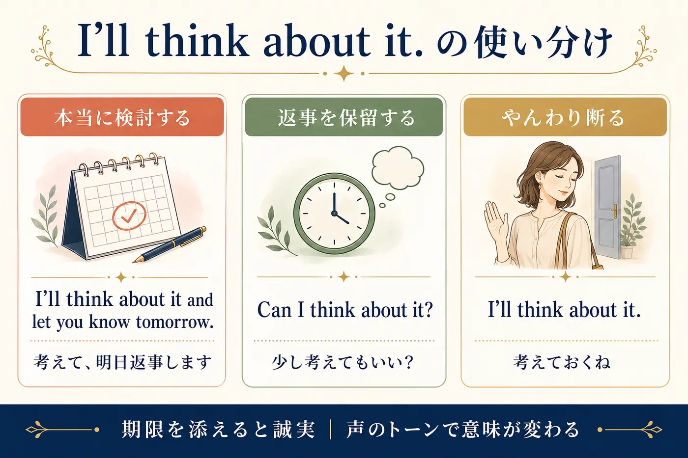 I’ll think about it.の使い分け｜本当に検討・返事を保留・やんわり断る