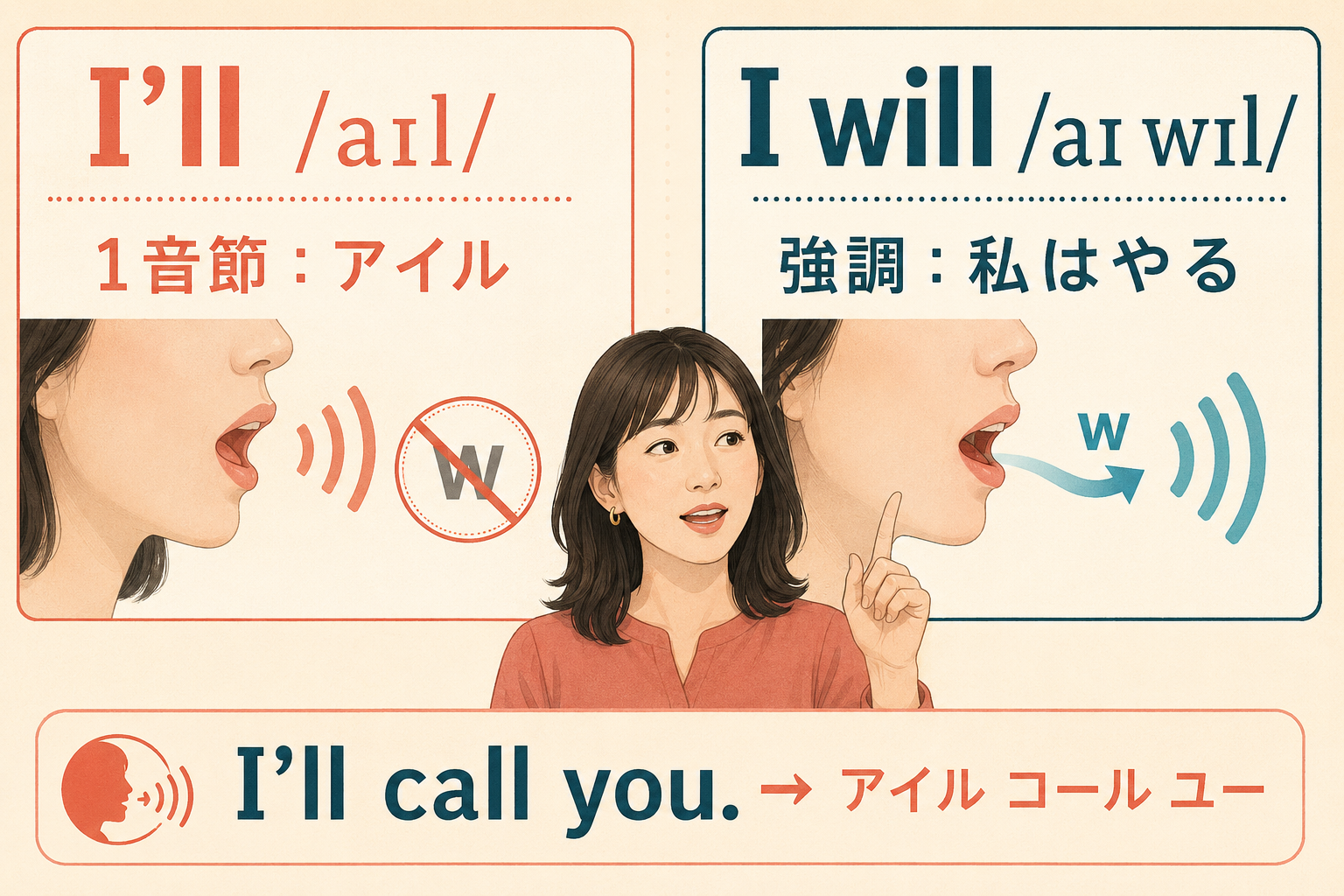 I’llは1音節でwの音がなく、I willは強調して発音する違いの図解