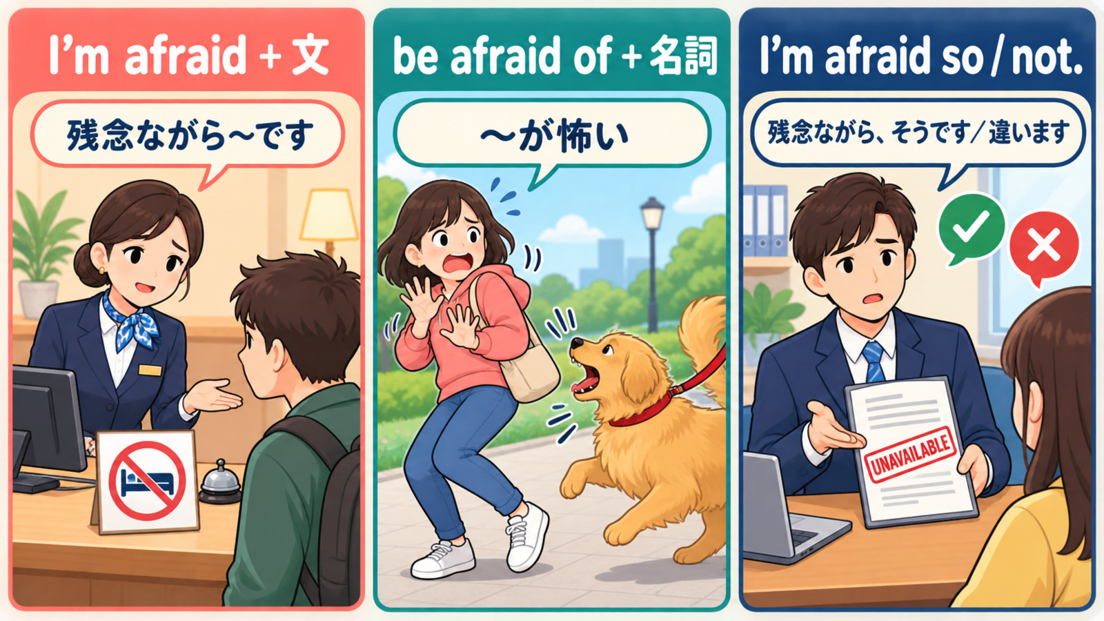 I’m afraid＋文・be afraid of＋名詞・I’m afraid so／notの違い