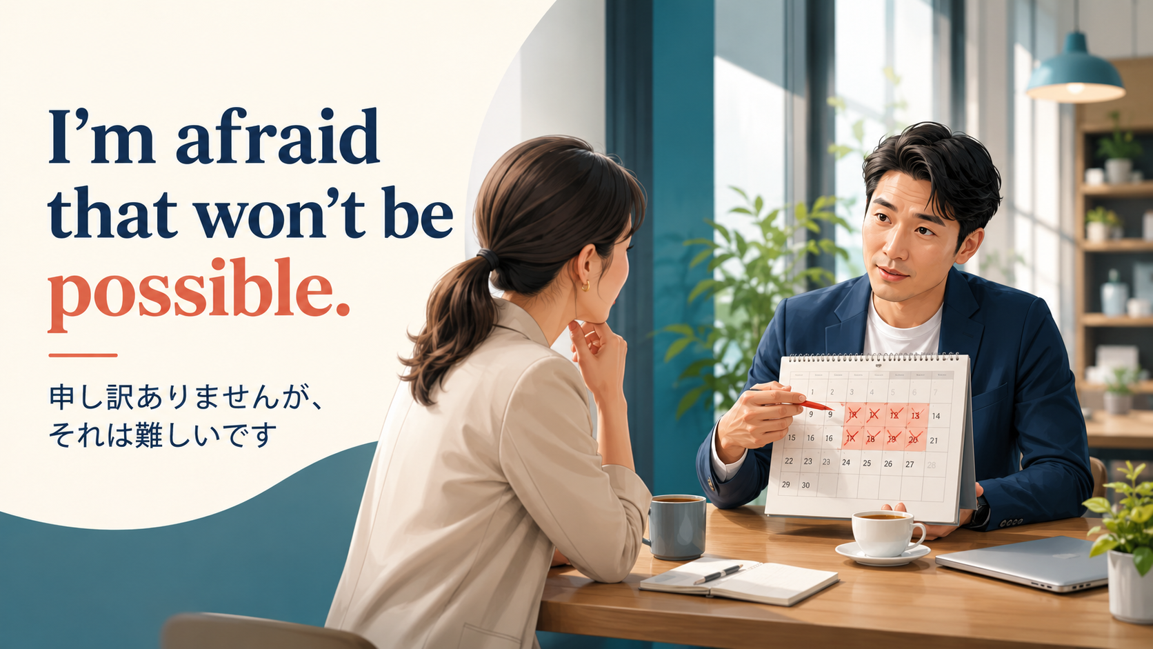 I’m afraid that won’t be possible. 申し訳ありませんがそれは難しいですと断る英語