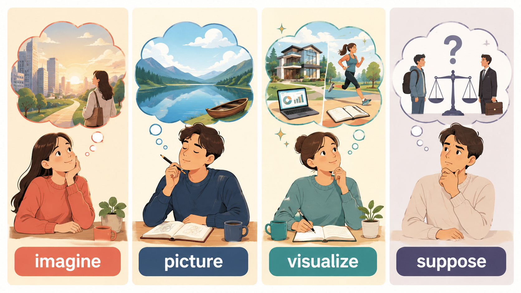 imagine、picture、visualize、supposeの違いを示す比較イラスト