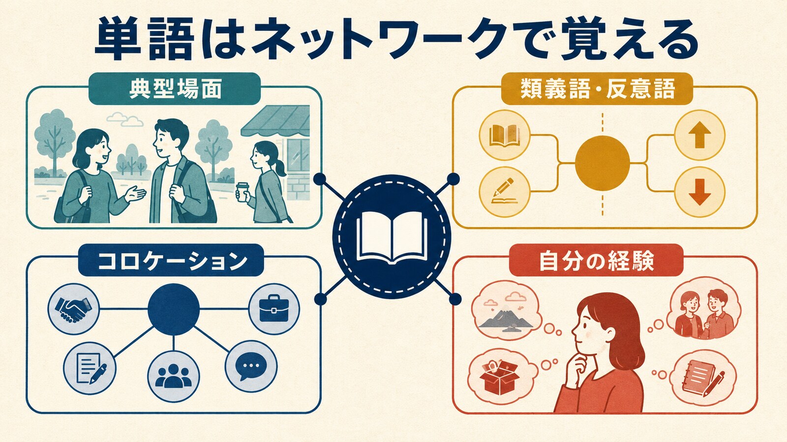 典型場面・類義語・連語・経験を結ぶ語彙ネットワーク図