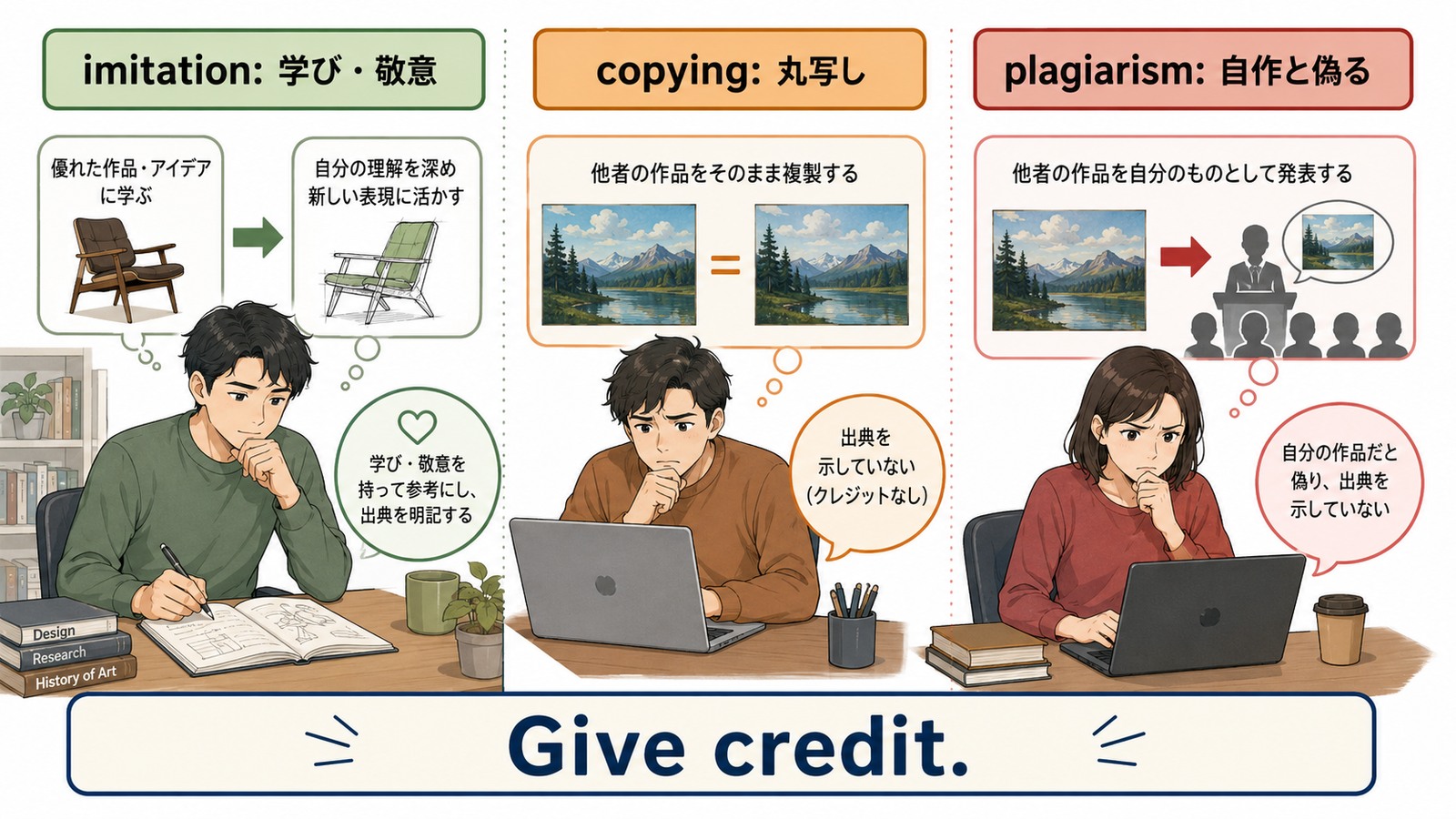 Imitation is the sincerest form of flattery.の直訳・ニュアンス・注意点を比較する解説イラスト