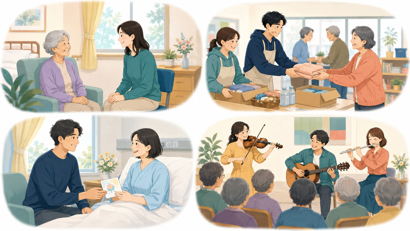 施設訪問・支援訪問・病院への見舞い・慰問公演の違いを示すイラスト