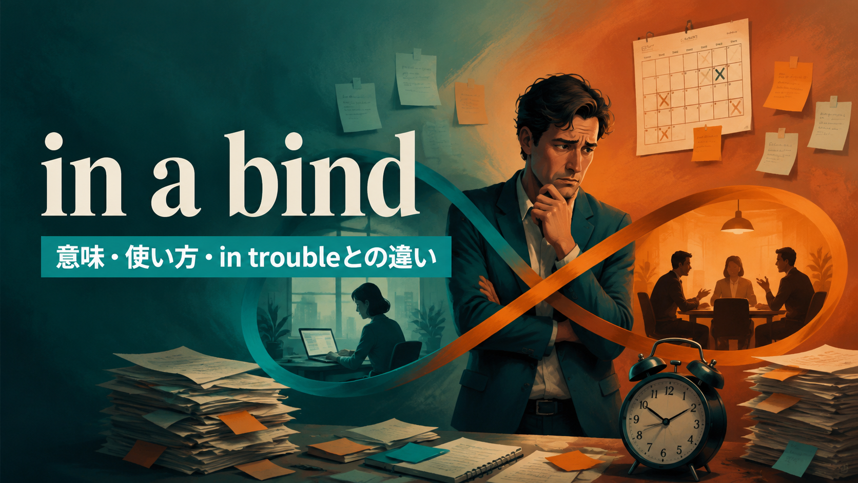 in a bindの意味は？「困った状況」の使い方とin troubleとの違い