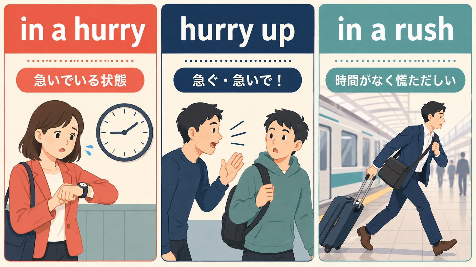 in a hurryとhurry upとin a rushの意味と使い方の違い