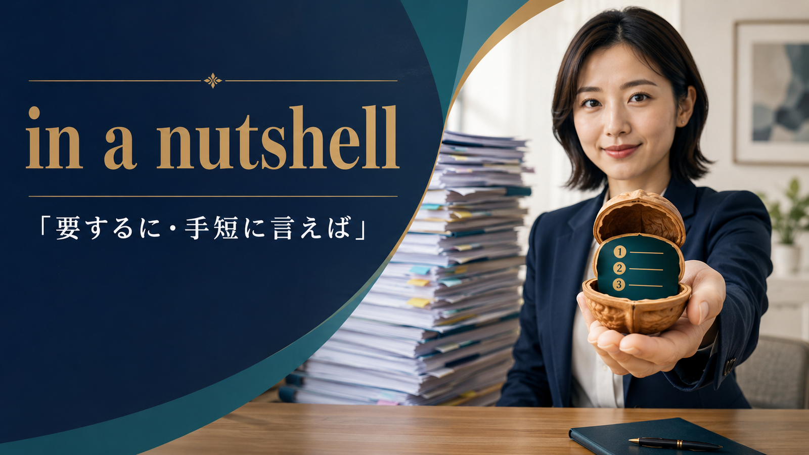 in a nutshellの意味「要するに・手短に言えば」を表すアイキャッチ画像