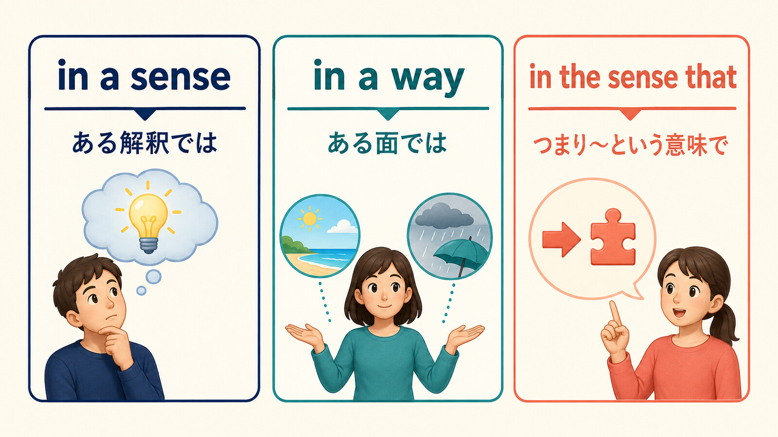 in a senseとin a wayとin the sense thatの意味の違いを比較したイラスト