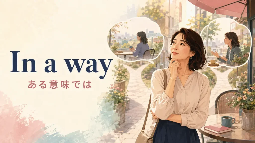 In a way(ある意味では)の意味を表す女性のイラスト