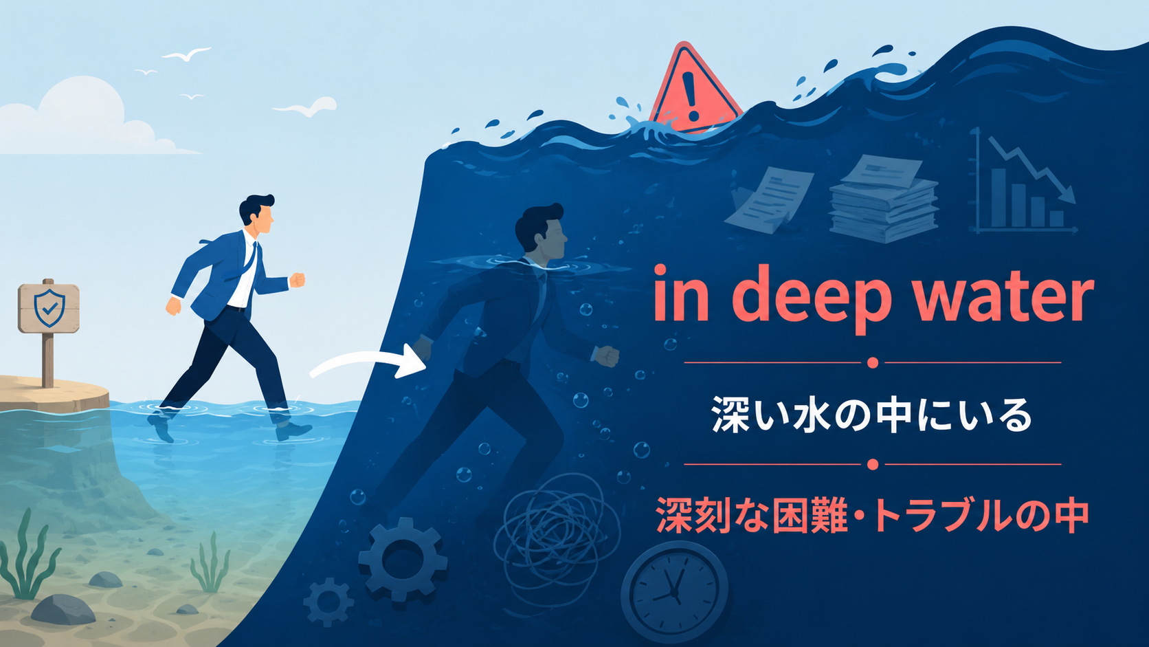 in deep waterの直訳イメージと実際の意味
