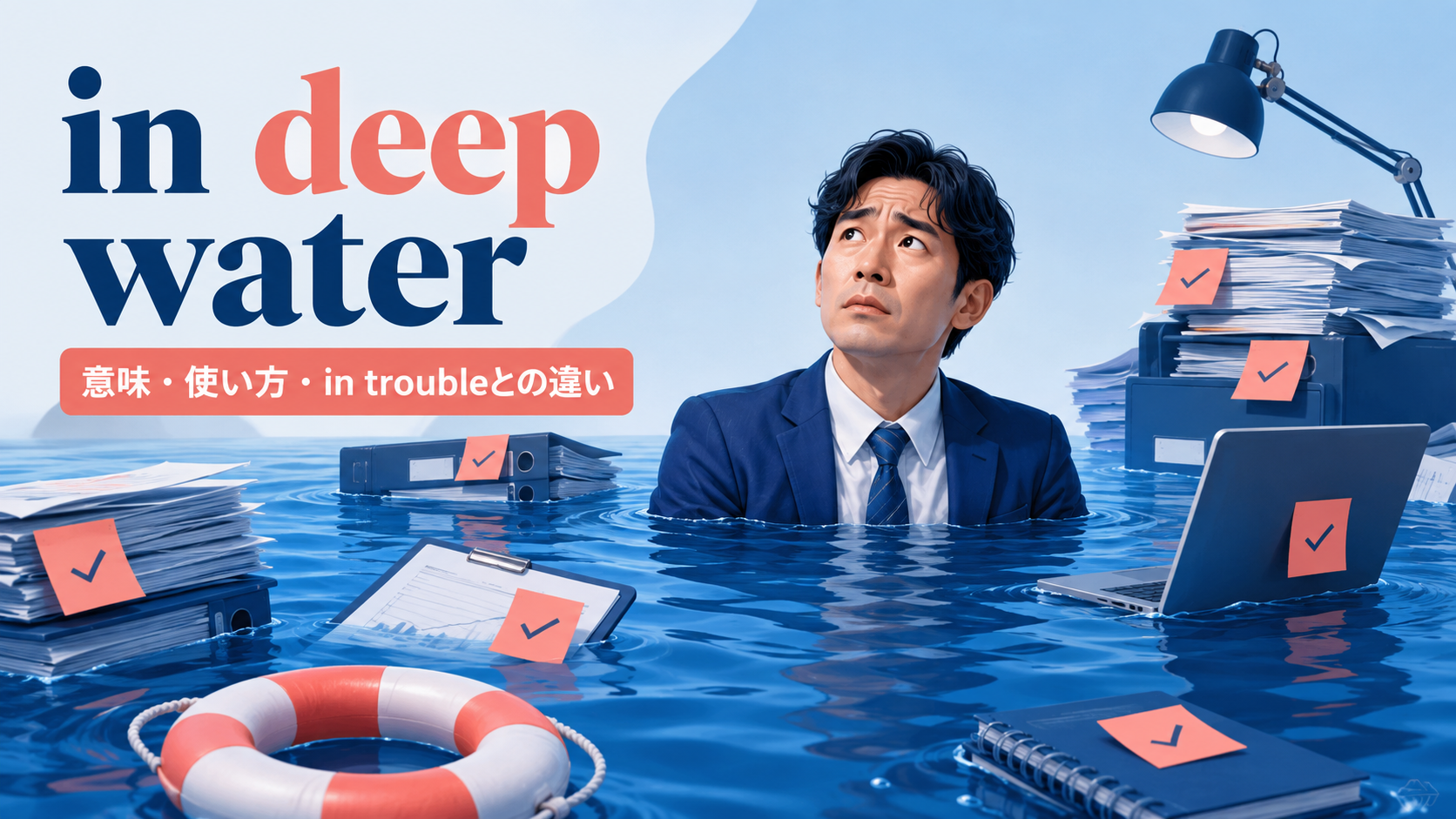 in deep waterの意味・使い方