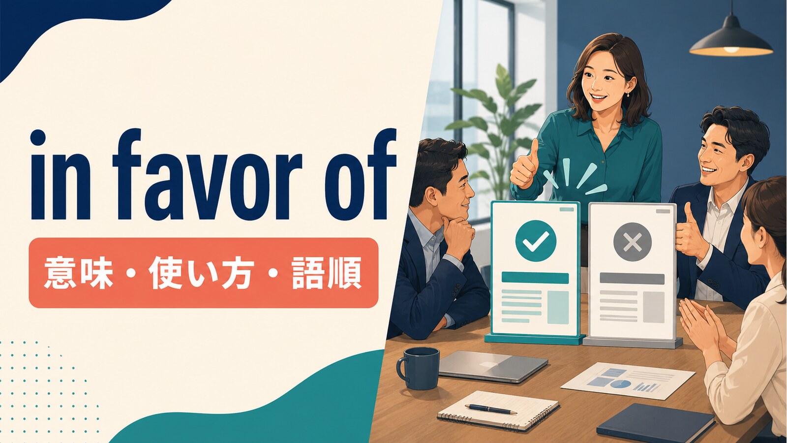 in favor ofの意味・使い方・語順を示すアイキャッチ画像