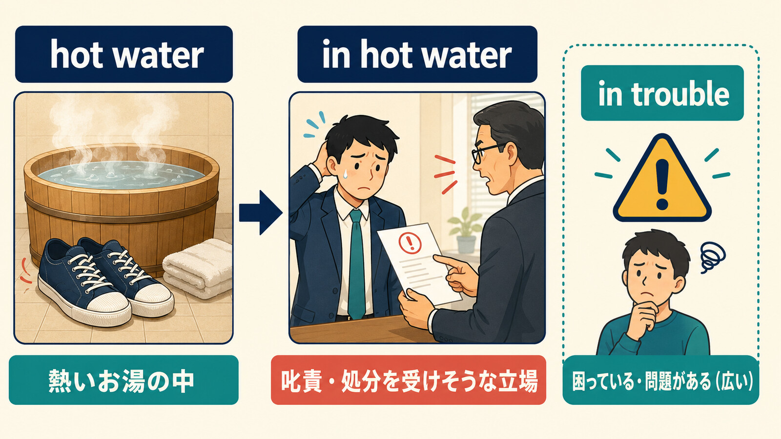 hot waterの直訳からin hot waterの意味とin troubleとの違いを示す解説画像