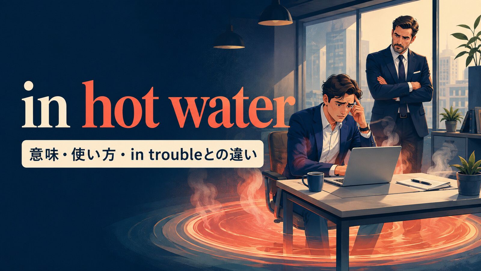 in hot waterの意味・使い方・in troubleとの違いを示すアイキャッチ画像