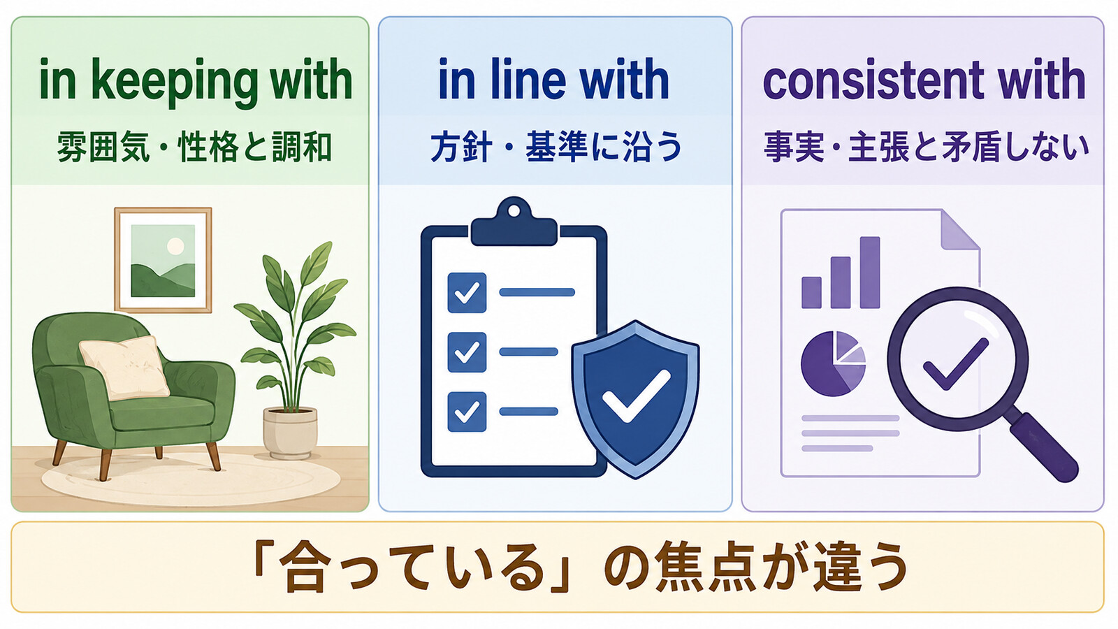 in keeping with・in line with・consistent withの焦点の違いを比較した図