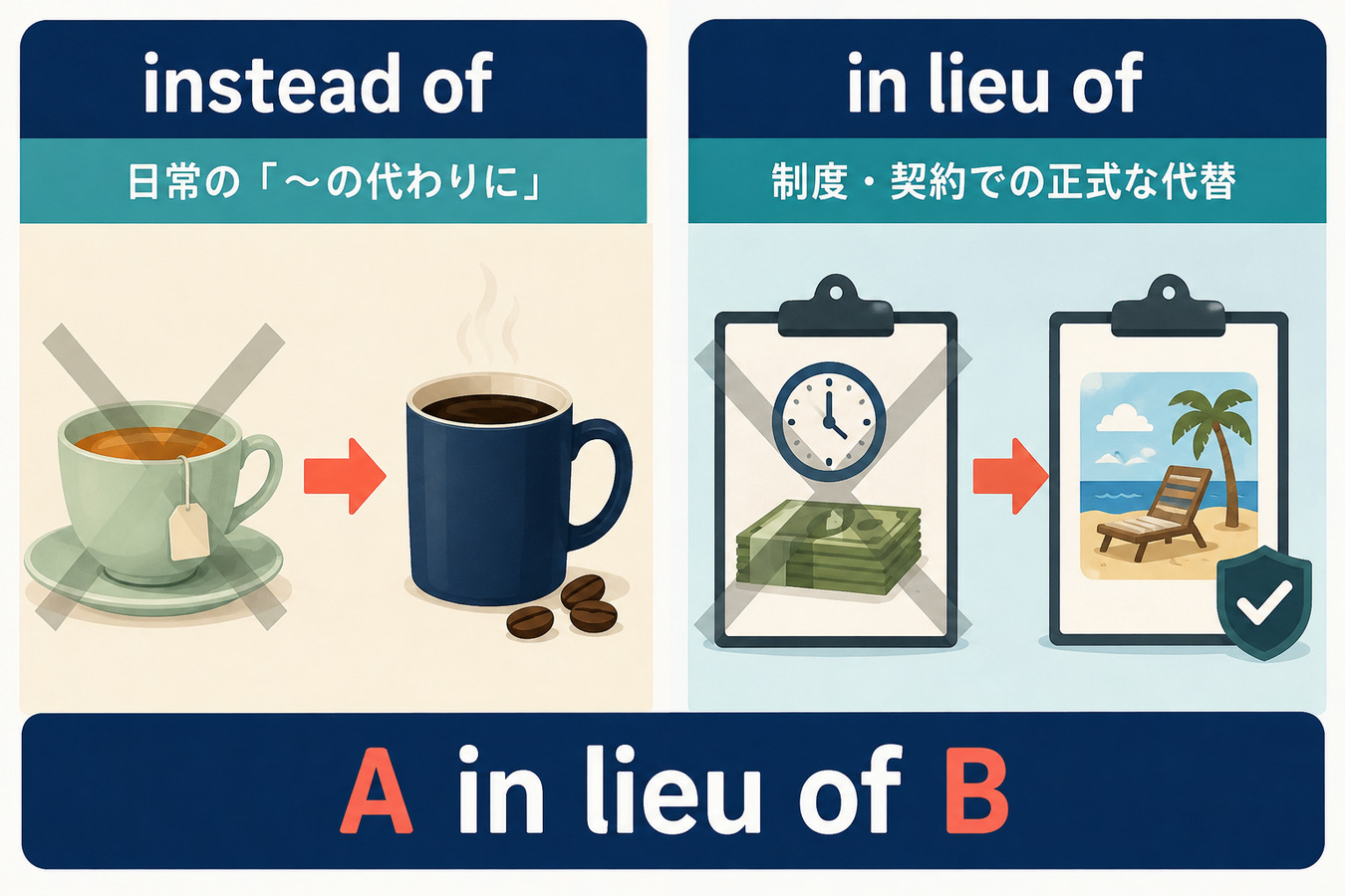 instead ofは日常的、in lieu ofは制度や契約で使う正式な代替を表す比較図