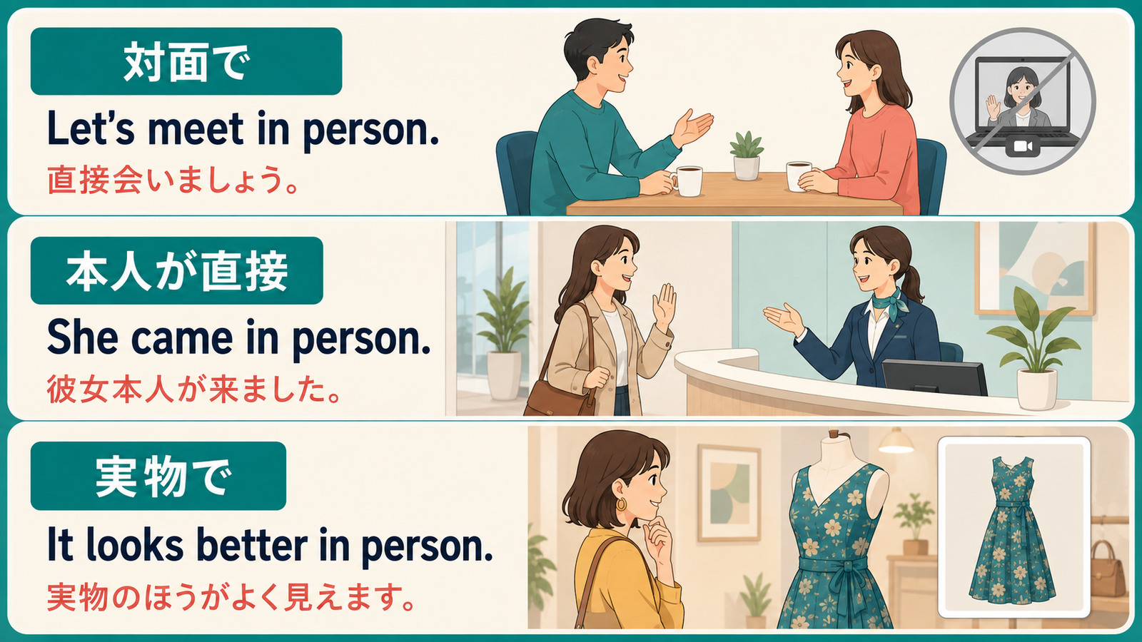 in personの対面で・本人が直接・実物での3つの使い方