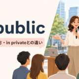 in publicの意味・使い方・in privateとの違いを解説するアイキャッチ画像