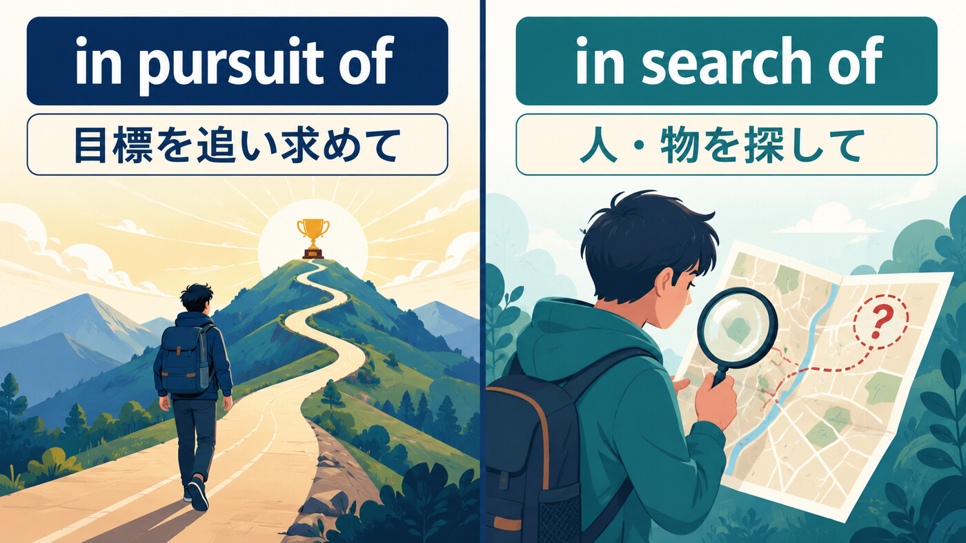 in pursuit ofは目標を追い求め、in search ofは人や物を探すという違いを示すイラスト