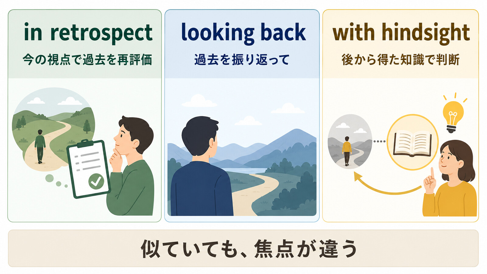 in retrospect・looking back・with hindsightのニュアンスの違いを比較した図