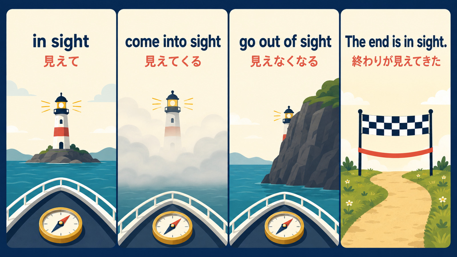 in sight・come into sight・go out of sightと比喩用法の違い