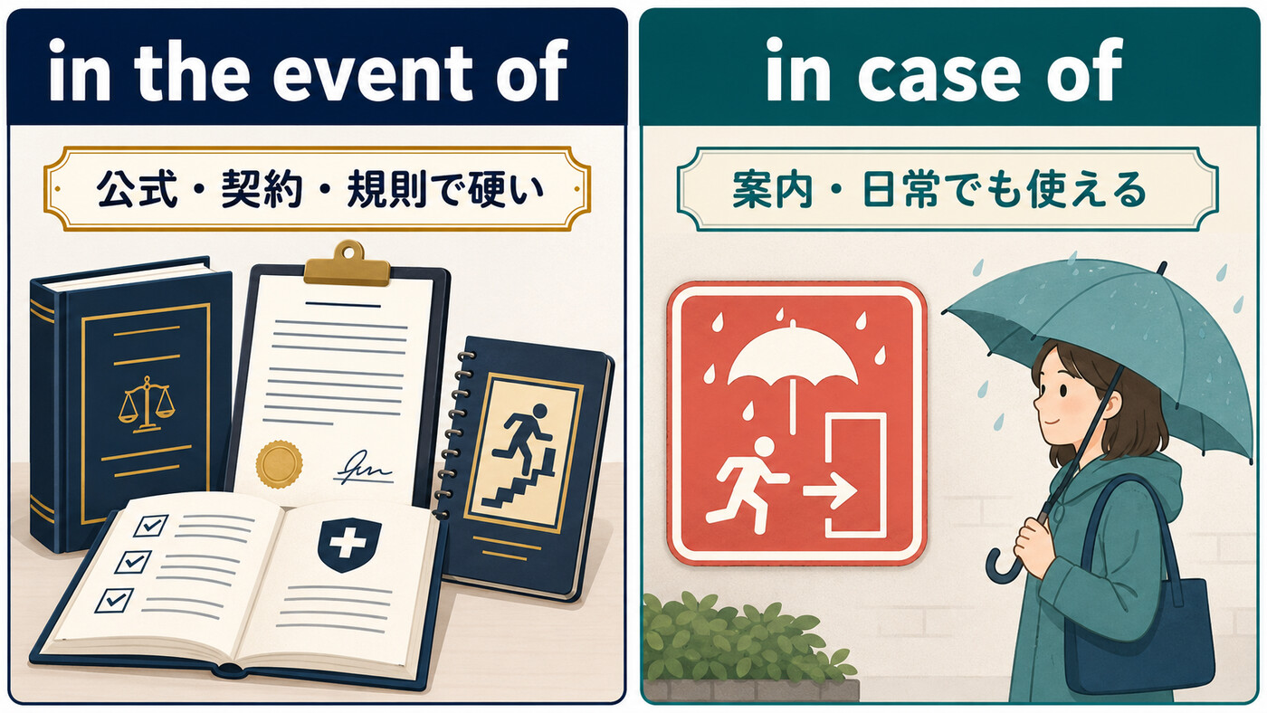 in the event ofは公式・契約・規則で硬く、in case ofは案内や日常でも使えるという違い