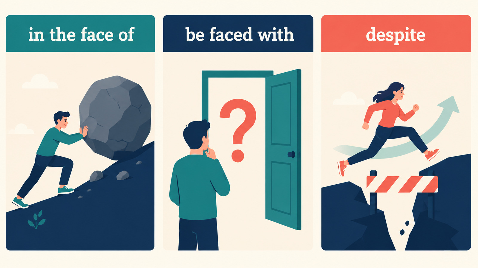 in the face ofとbe faced withとdespiteのニュアンスの違いを示す比較図