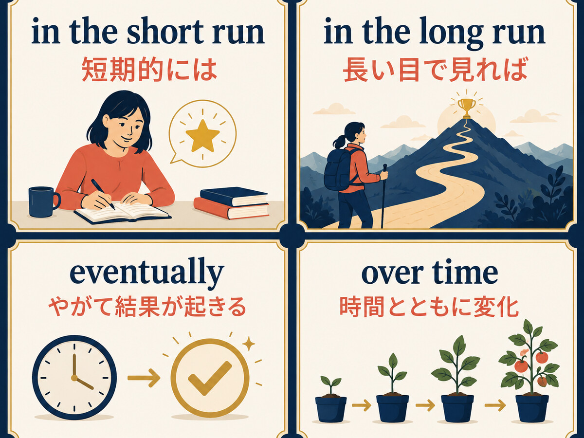 in the short run・in the long run・eventually・over timeの違いを示す比較イラスト