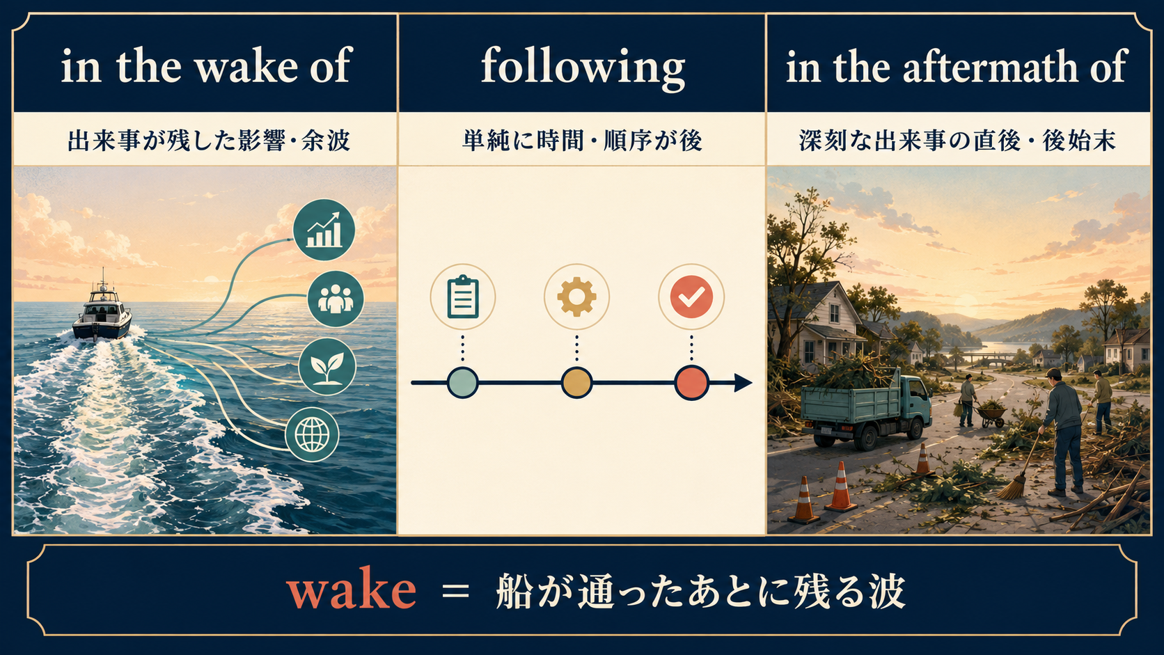 in the wake of・following・in the aftermath ofのニュアンスの違いを比較する図解